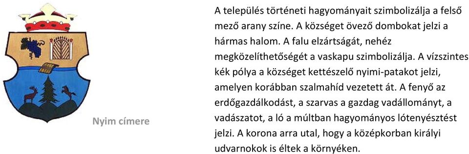 A vízszintes kék pólya a községet kettészelő nyimi-patakot jelzi, amelyen korábban szalmahíd vezetett át.