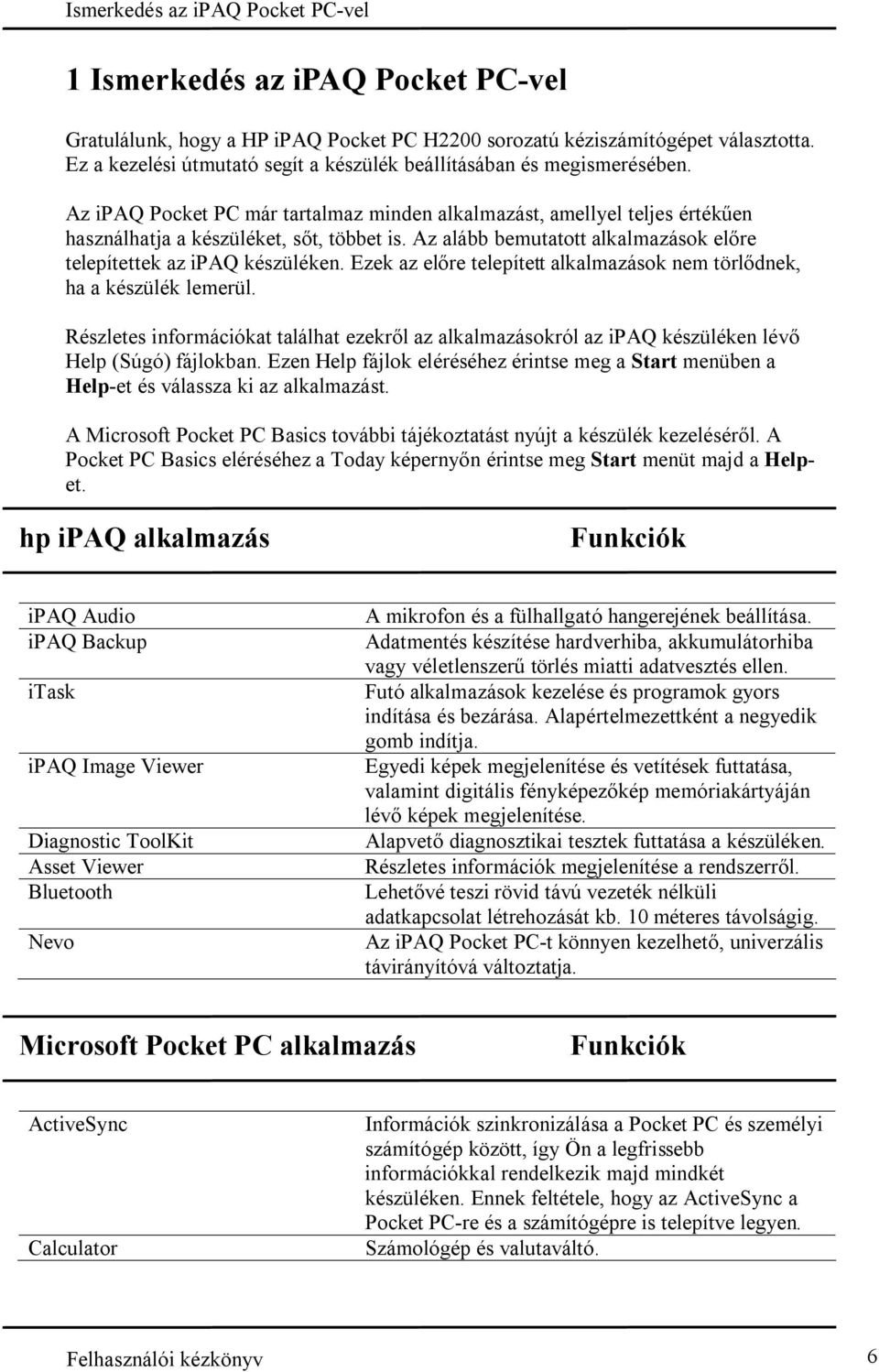 Ezek az elõre telepített alkalmazások nem törlõdnek, ha a készülék lemerül. Részletes információkat találhat ezekrõl az alkalmazásokról az ipaq készüléken lévõ Help (Súgó) fájlokban.