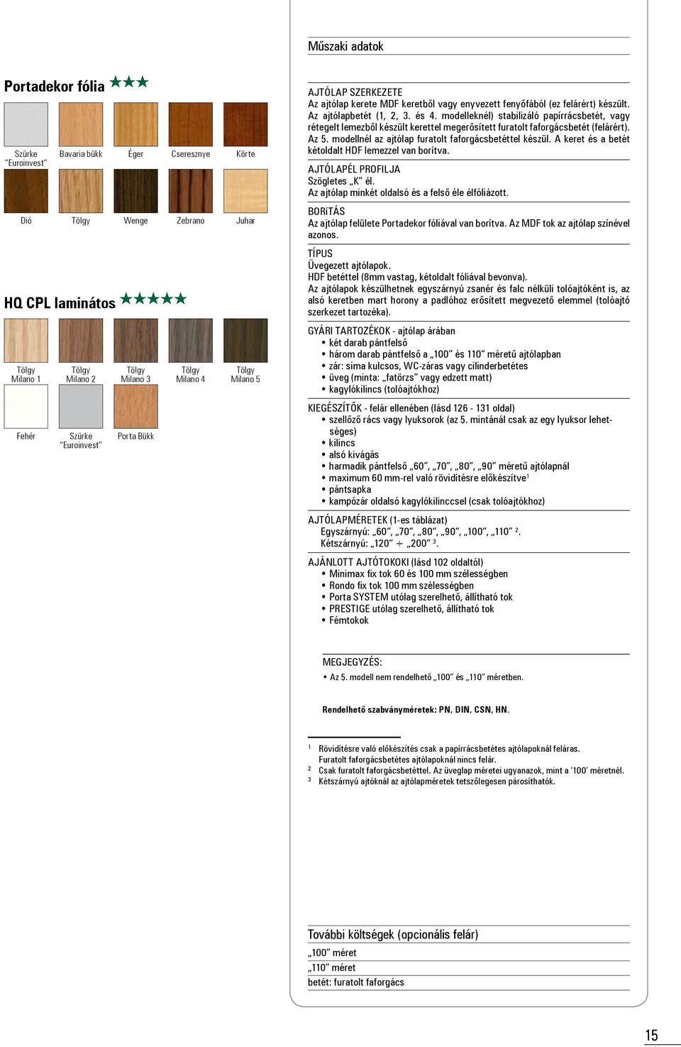 modelleknél) stabilizáló papírrácsbetét, vagy rétegelt lemezből készült kerettel megerősített furatolt faforgácsbetét (felárért). Az 5. modellnél az ajtólap furatolt faforgácsbetéttel készül.