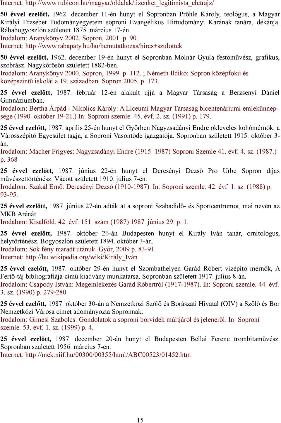 március 17-én. Irodalom: Aranykönyv 2002. Sopron, 2001. p. 90. Internet: http://www.rabapaty.hu/hu/bemutatkozas/hires+szulottek 50 évvel ezelőtt, 1962.