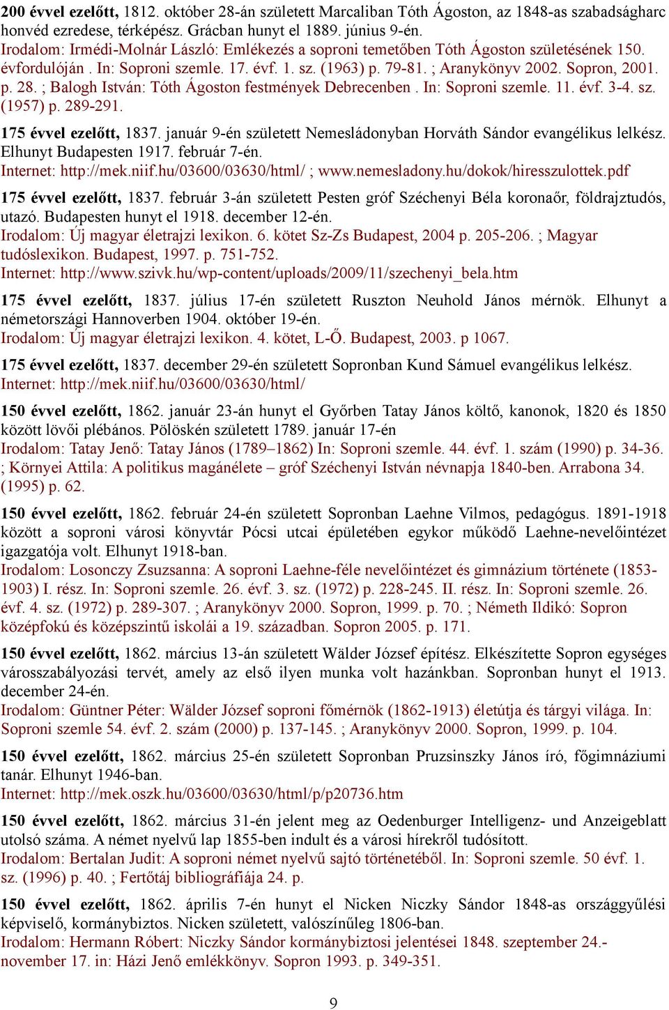 ; Balogh István: Tóth Ágoston festmények Debrecenben. In: Soproni szemle. 11. évf. 3-4. sz. (1957) p. 289-291. 175 évvel ezelőtt, 1837.