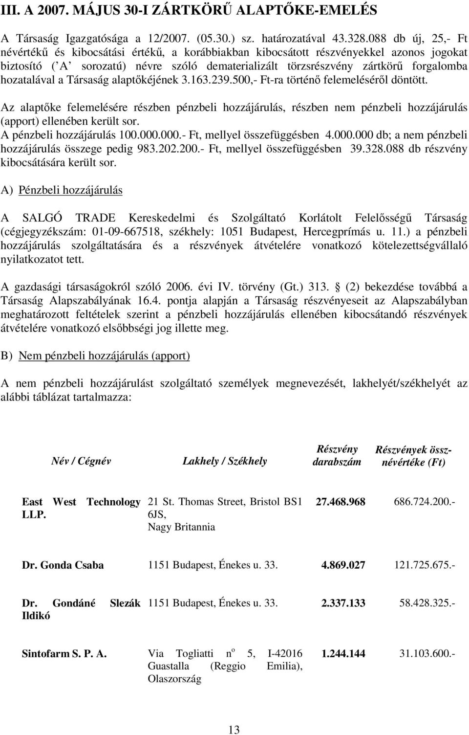 hozatalával a Társaság alaptkéjének 3.163.239.500,- Ft-ra történ felemelésérl döntött.