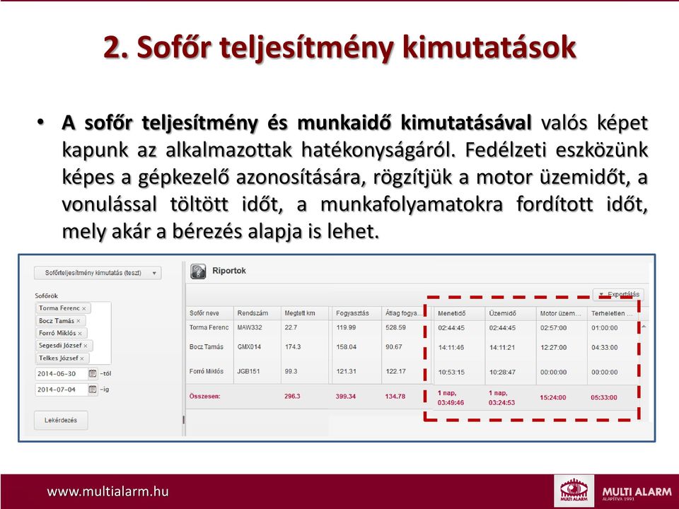 Fedélzeti eszközünk képes a gépkezelő azonosítására, rögzítjük a motor