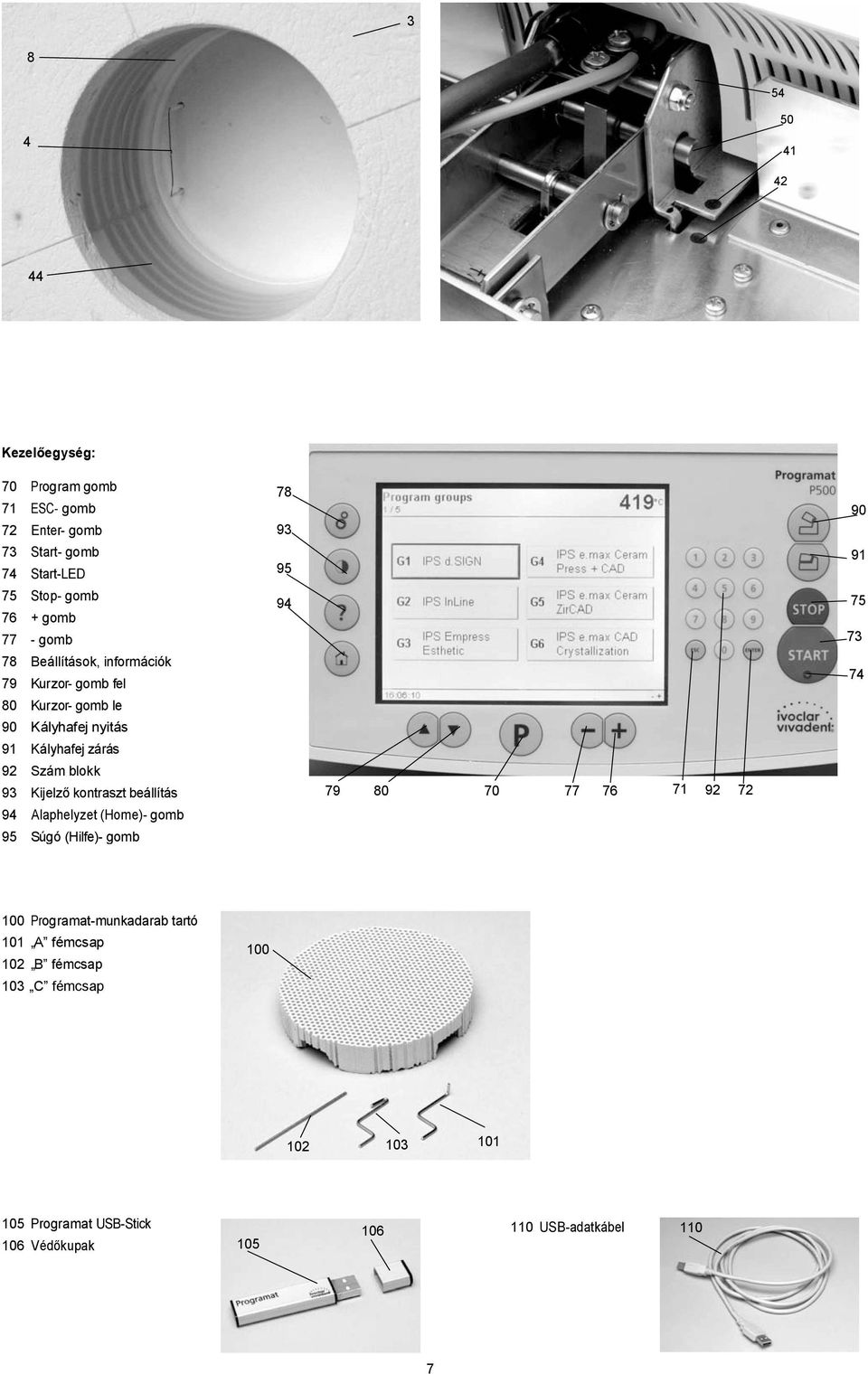 kontraszt beállítás 94 Alaphelyzet (Home)- gomb 95 Súgó (Hilfe)- gomb 78 93 95 94 79 80 70 77 76 71 92 72 90 91 75 73 74 100