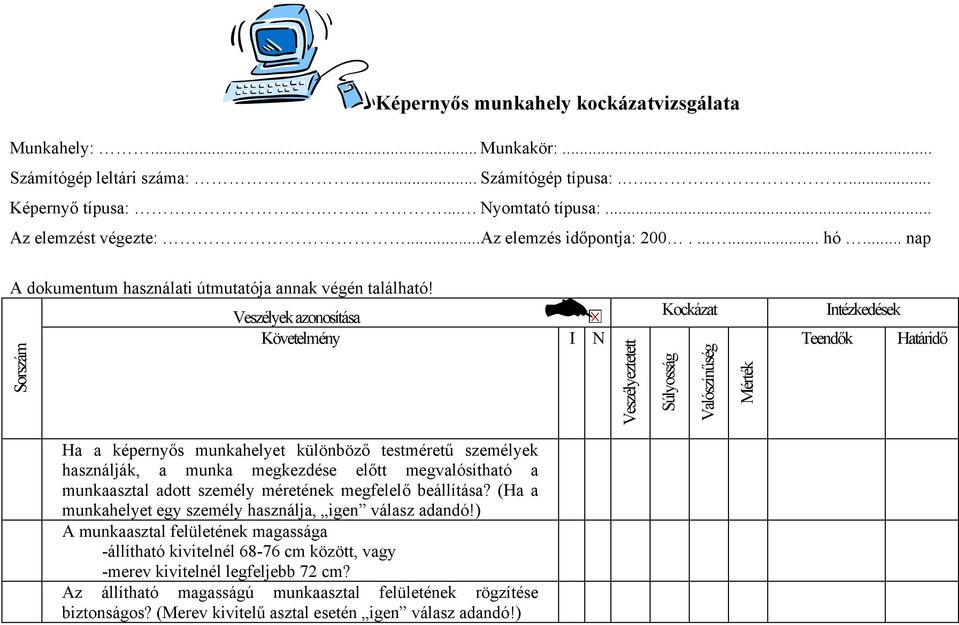 Sorszám Veszélyek azonosítása Követelmény I N Veszélyeztetett Kockázat Súlyosság Valószínűség Mérték Intézkedések Teendők Határidő Ha a képernyős munkahelyet különböző testméretű személyek