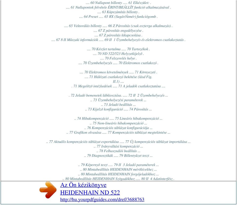 .. 69 II 1 Üzembehelyezés és elektromos csatlakoztatás.... 70 Készlet tartalma... 70 Tartozékok.... 70 ND 522/523 Helyzetkijelzõ.... 70 Felszerelés helye.... 70 Üzembehelyezés.