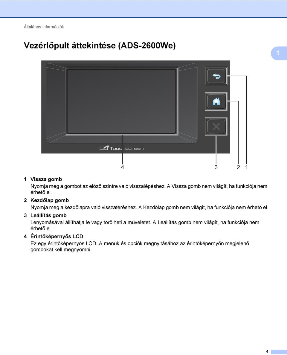 A Kezdőlap gomb nem világít, ha funkciója nem érhető el. 3 Leállítás gomb Lenyomásával állíthatja le vagy törölheti a műveletet.