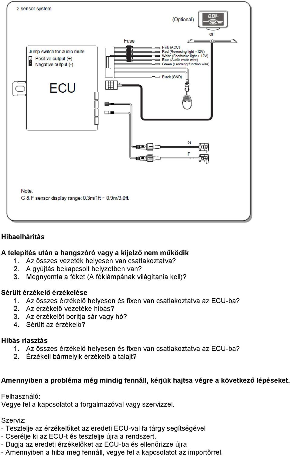 Az érzékelőt borítja sár vagy hó? 4. Sérült az érzékelő? Hibás riasztás 1. Az összes érzékelő helyesen és fixen van csatlakoztatva az ECU-ba? 2. Érzékeli bármelyik érzékelő a talajt?