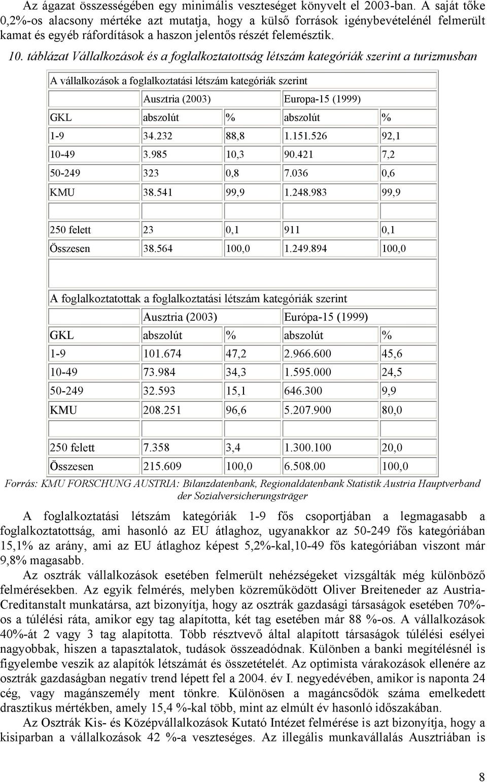 táblázat Vállalkozások és a foglalkoztatottság létszám kategóriák szerint a turizmusban A vállalkozások a foglalkoztatási létszám kategóriák szerint Ausztria (2003) Europa-15 (1999) GKL abszolút %