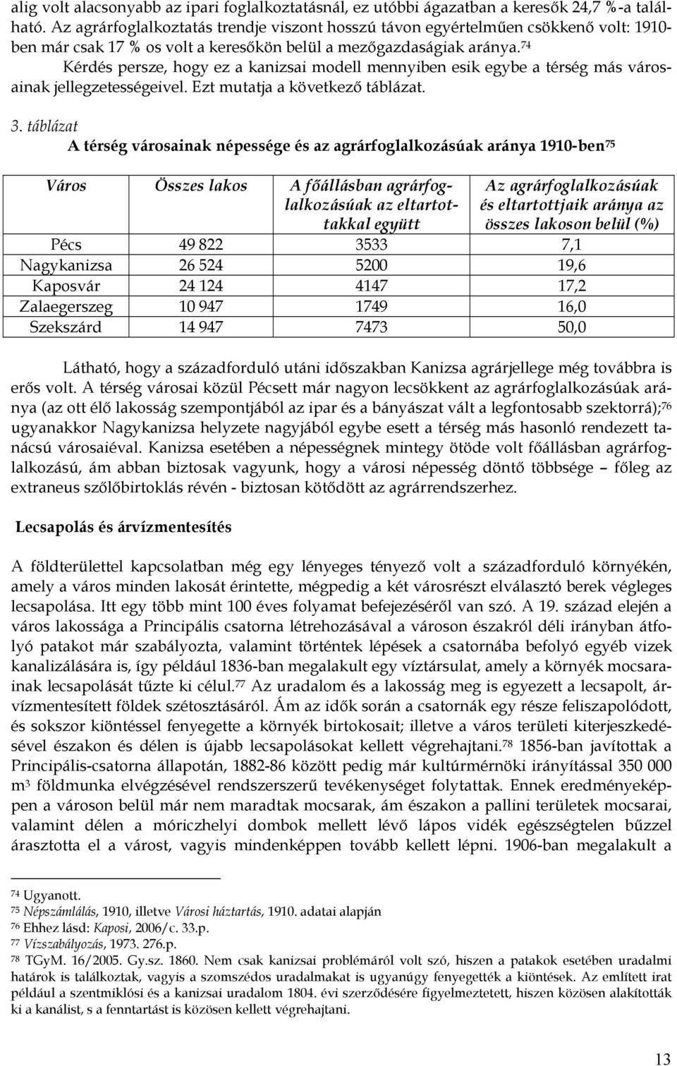 74 Kérdés persze, hogy ez a kanizsai modell mennyiben esik egybe a térség más városainak jellegzetességeivel. Ezt mutatja a következő táblázat. 3.