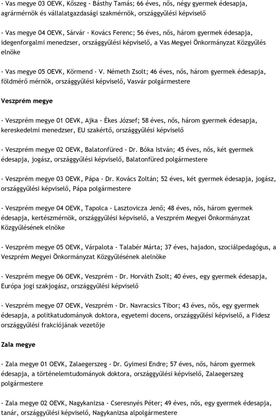 Németh Zsolt; 46 éves, nős, három gyermek édesapja, földmérő mérnök, országgyűlési képviselő, Vasvár polgármestere Veszprém megye - Veszprém megye 01 OEVK, Ajka - Ékes József; 58 éves, nős, három