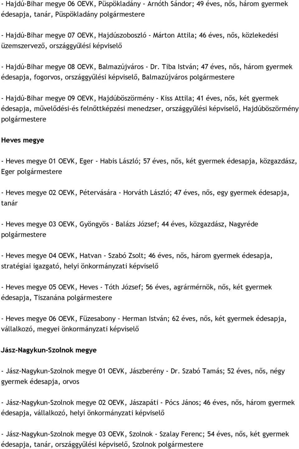 Tiba István; 47 éves, nős, három gyermek édesapja, fogorvos, országgyűlési képviselő, Balmazújváros polgármestere - Hajdú-Bihar megye 09 OEVK, Hajdúböszörmény - Kiss Attila; 41 éves, nős, két gyermek