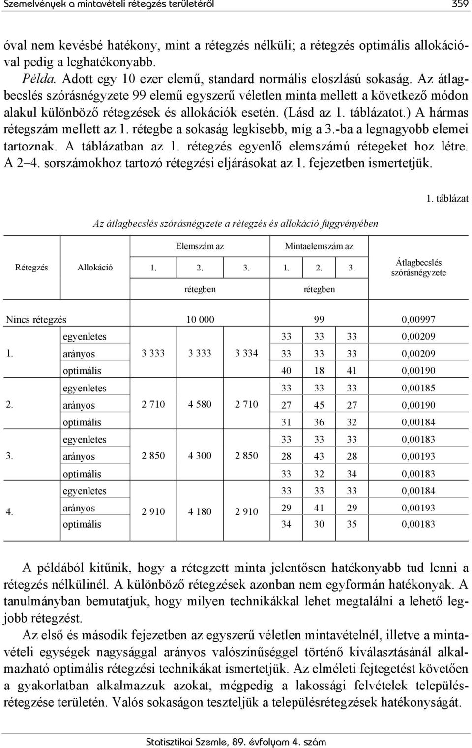 Az átlagbecslés szórásnégyzete 99 elemű egyszerű véletlen minta mellett a következő módon alakul különböző rétegzések és allokációk esetén. (Lásd az 1. táblázatot.) A hármas rétegszám mellett az 1.