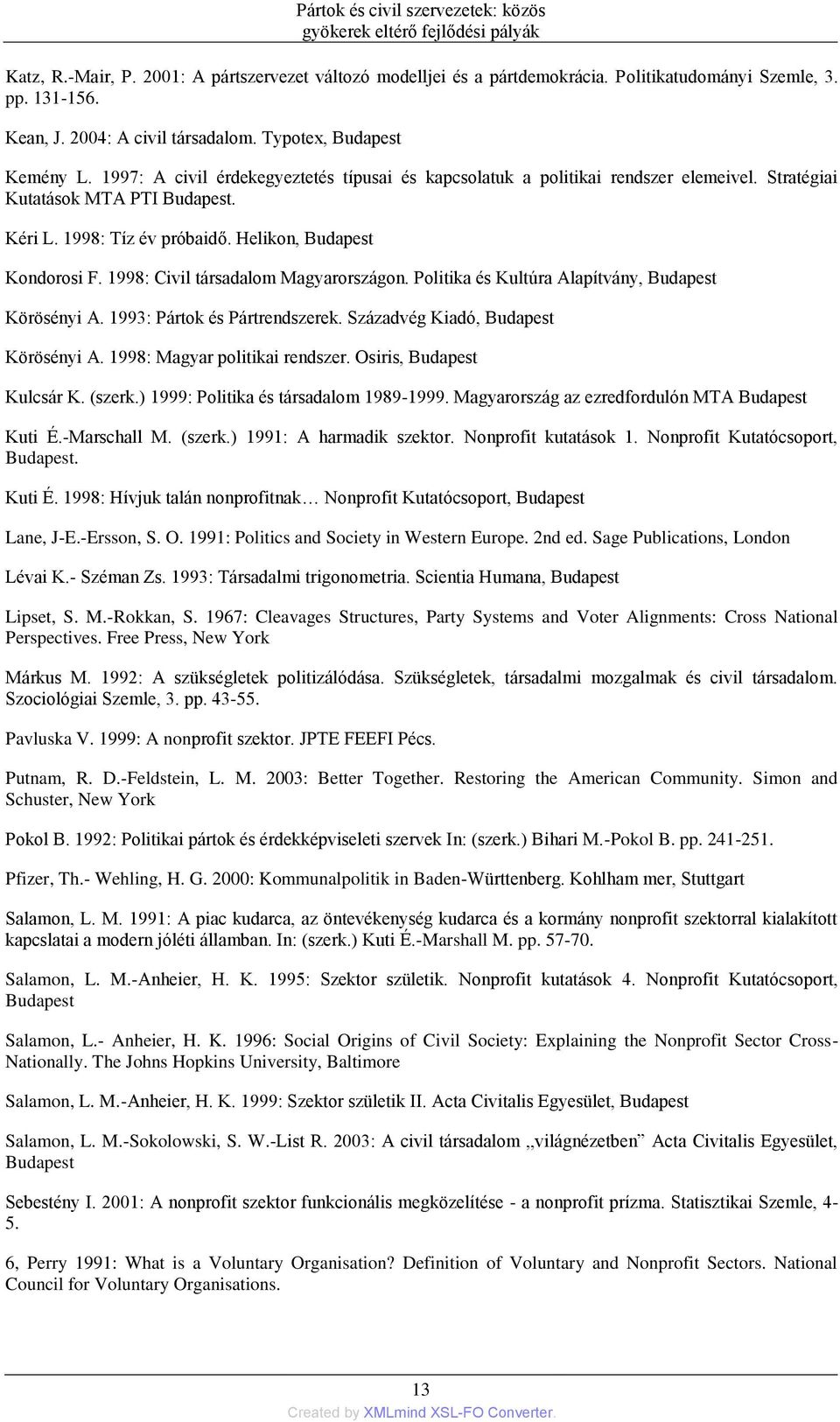 1998: Tíz év próbaidő. Helikon, Budapest Kondorosi F. 1998: Civil társadalom Magyarországon. Politika és Kultúra Alapítvány, Budapest Körösényi A. 1993: Pártok és Pártrendszerek.