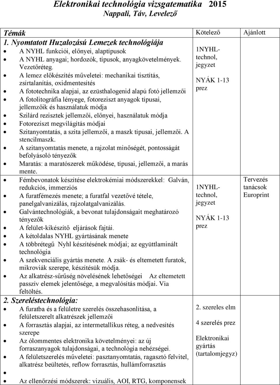 A lemez előkészítés műveletei: mechanikai tisztítás, zsírtalanítás, oxidmentesítés A fototechnika alapjai, az ezüsthalogenid alapú fotó jellemzői A fotolitográfia lényege, fotoreziszt anyagok