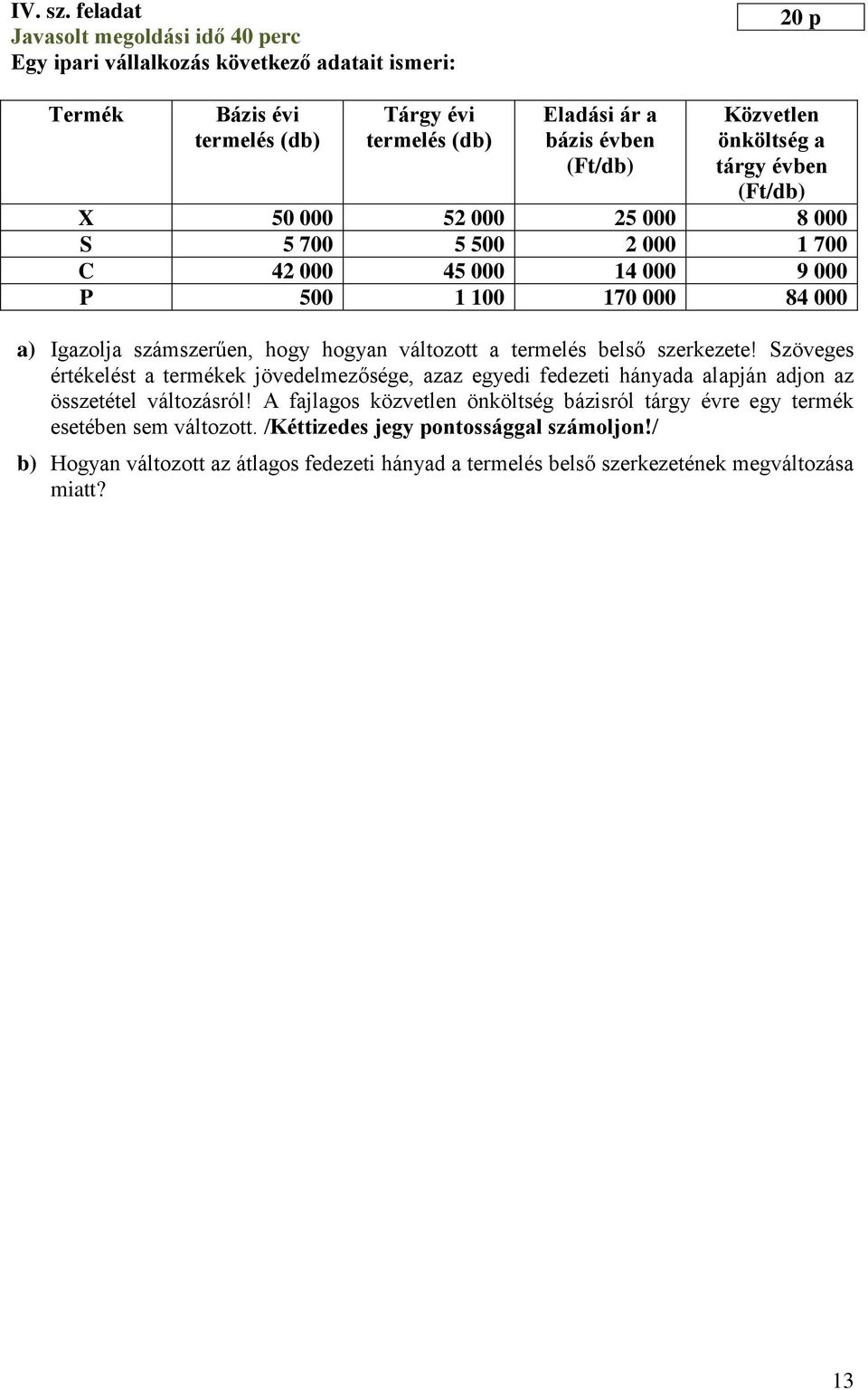 önköltség a tárgy évben (Ft/db) X 50 000 52 000 25 000 8 000 S 5 700 5 500 2 000 1 700 C 42 000 45 000 14 000 9 000 P 500 1 100 170 000 84 000 a) Igazolja számszerűen, hogy hogyan változott