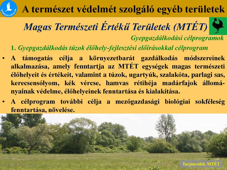 amely fenntartja az MTÉT egységek magas természeti élőhelyeit és értékeit, valamint a túzok, ugartyúk, szalakóta, parlagi sas,