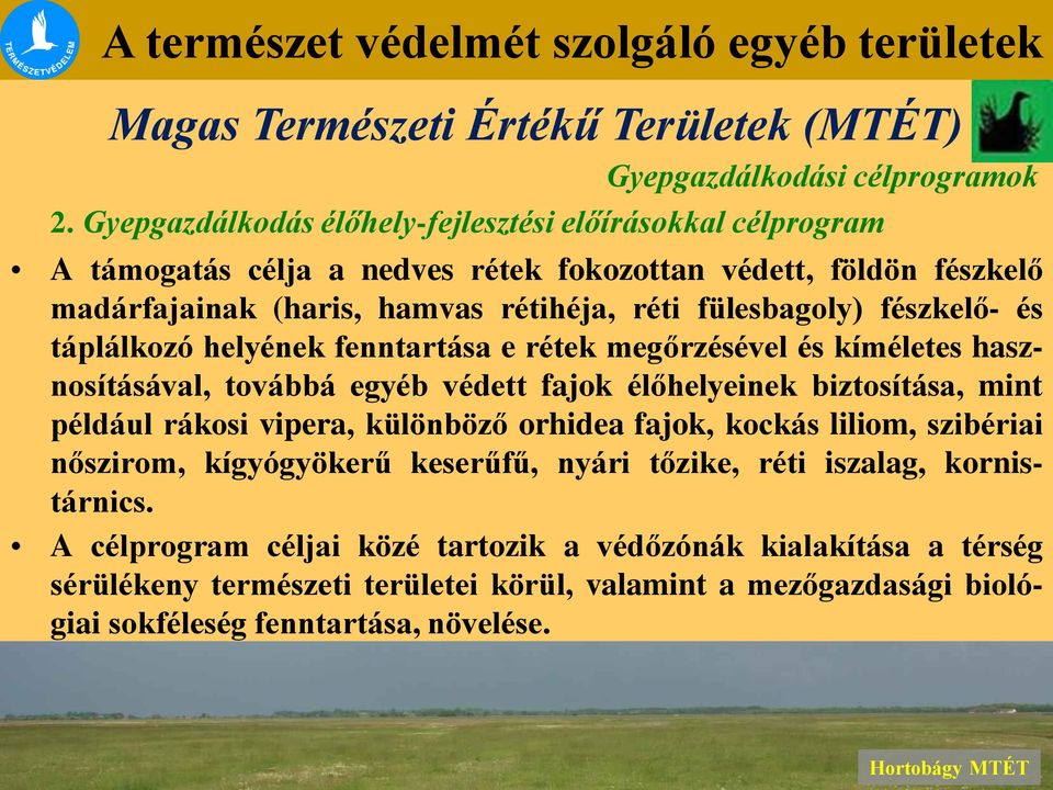 fészkelő- és táplálkozó helyének fenntartása e rétek megőrzésével és kíméletes hasznosításával, továbbá egyéb védett fajok élőhelyeinek biztosítása, mint például rákosi vipera, különböző