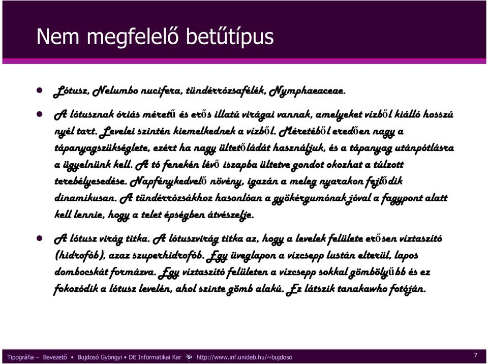 A tó fenekén lévı iszapba ültetve gondot okozhat a túlzott terebélyesedése. Napfénykedvelı növény, igazán a meleg nyarakon fejlıdik dinamikusan.