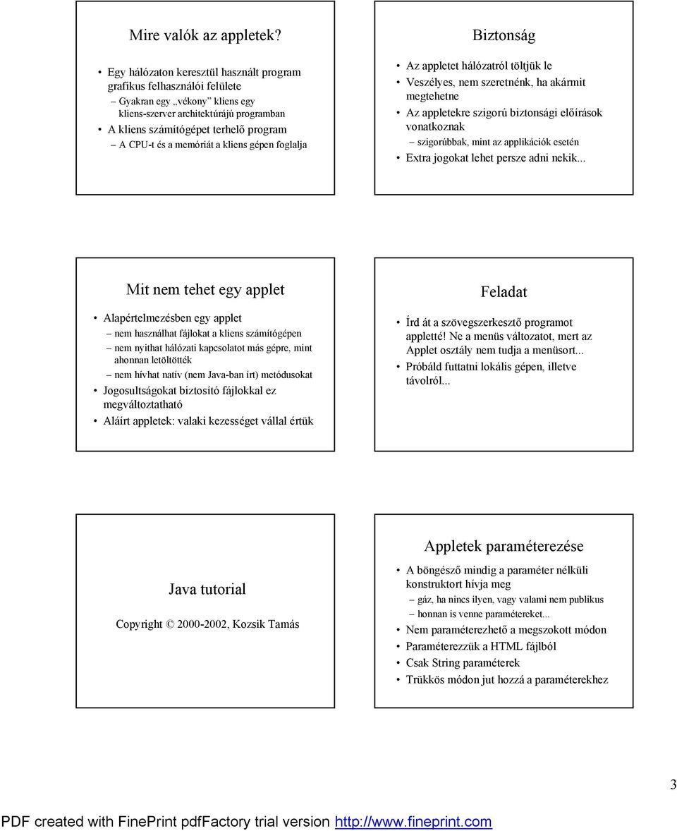 CPU-t e s a meműriat a kliens ge pen foglalja Biztonsa g ő Az appletet halűzatrűl t ltjók le ő Vesze lyes, nem szeretne nk, ha akarmit megtehetne ő Az appletekre szigoru biztonsagi eloır a sok