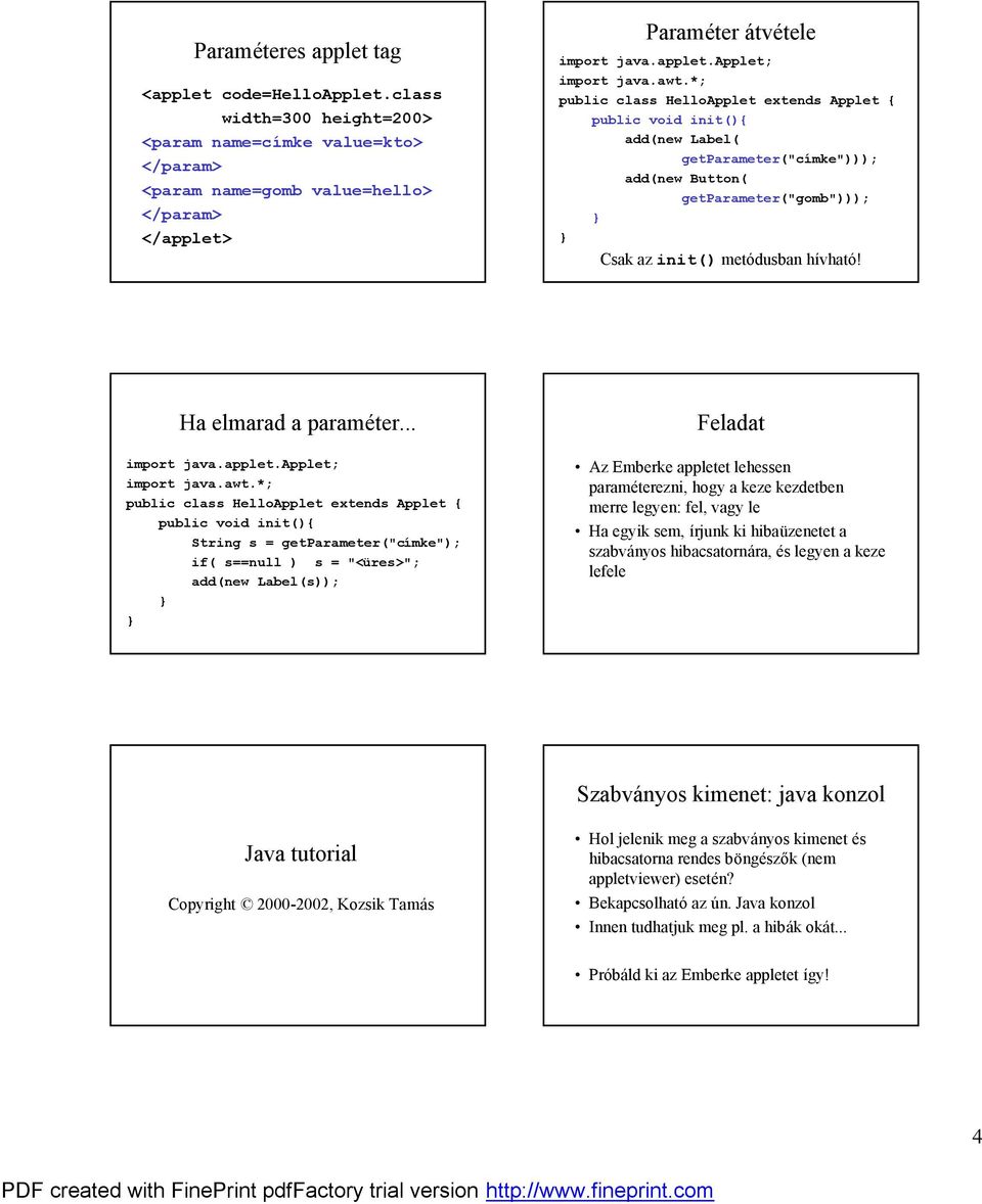 if( s==null ) s = "<ures>"; add(new Label(s)); ő Az Emberke appletet lehessen parame terezni, hogy a keze kezdetben merre legyen: fel, vagy le ő Ha egyik sem, ırjunk ki hibaózenetet a szabvanyos