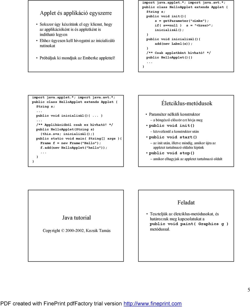 *; String s; s = getparameter("cımke"); if( s==null ) s = "<ures>"; inicializal(); public void inicializal(){ add(new Label(s)); /** Csak appletkent hıvhato! */ public HelloApplet(){ import java.