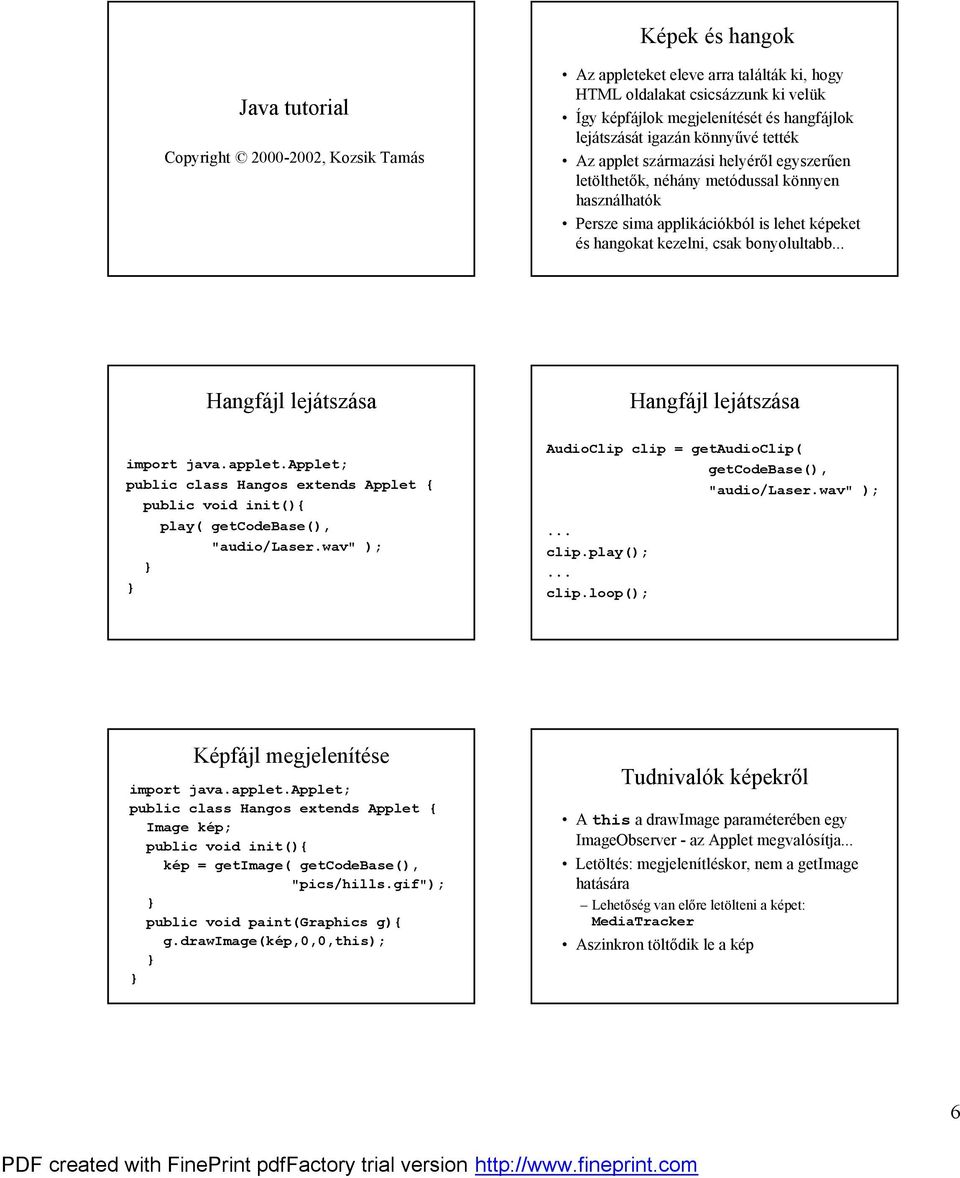 Hangfa jl leja tsza sa public class Hangos extends Applet { play( getcodebase(), "audio/laser.wav" ); AudioClip clip = getaudioclip( getcodebase(), "audio/laser.wav" ); clip.play(); clip.