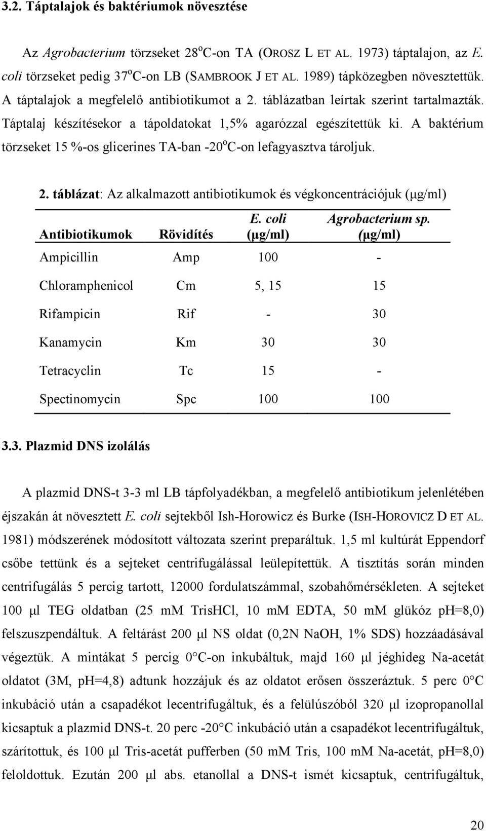 A baktérium törzseket 15 %-os glicerines TA-ban -20 o C-on lefagyasztva tároljuk. 2. táblázat: Az alkalmazott antibiotikumok és végkoncentrációjuk (µg/ml) Antibiotikumok Rövidítés E.