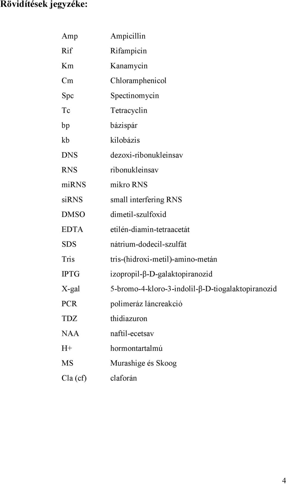 etilén-diamin-tetraacetát SDS nátrium-dodecil-szulfát Tris tris-(hidroxi-metil)-amino-metán IPTG izopropil-β-d-galaktopiranozid X-gal