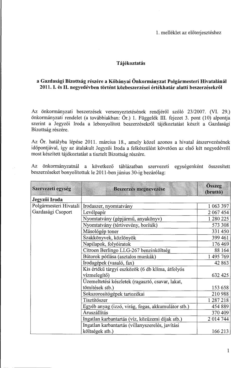 Függelék III. fejezet 3. pont (10) alpontja szerint a Jegyzői Iroda a lebonyolított beszerzésekről tájékoztatást készít a Gazdasági Bizottság részére. Az Ör. hatályba lépése 2011. március 18.