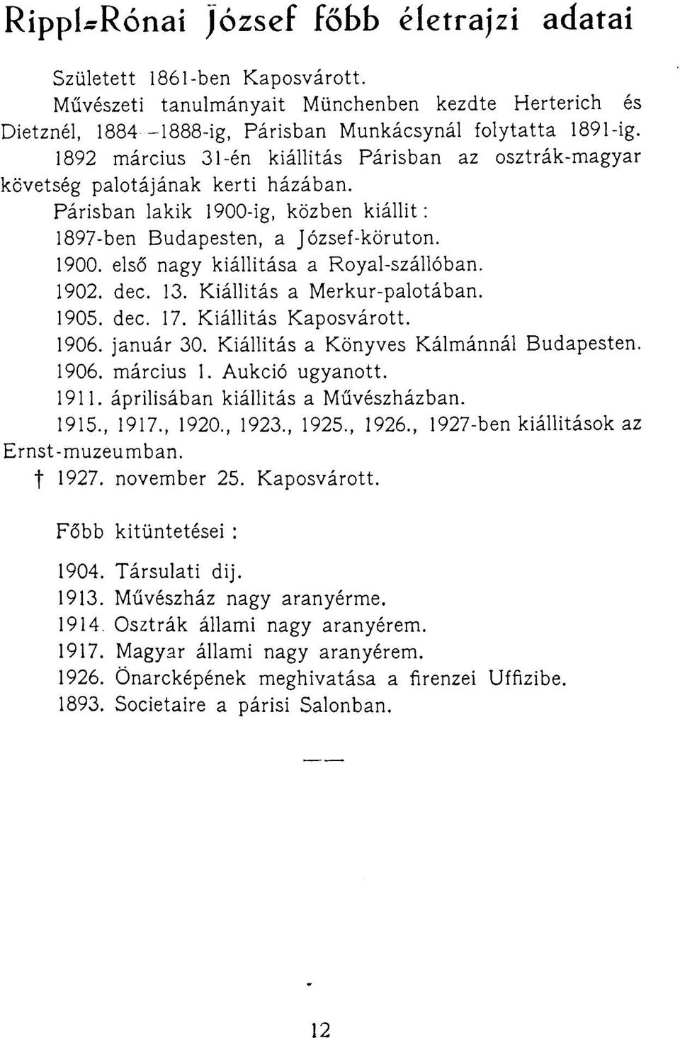 1902. dec. 13. Kiállítás a Merkur-palotában. 1905. dec. 17. Kiállítás Kaposvárott. 1906. január 30. Kiállítás a Könyves Kálmánnál Budapesten. 1906. március 1. Aukció ugyanott. 1911.