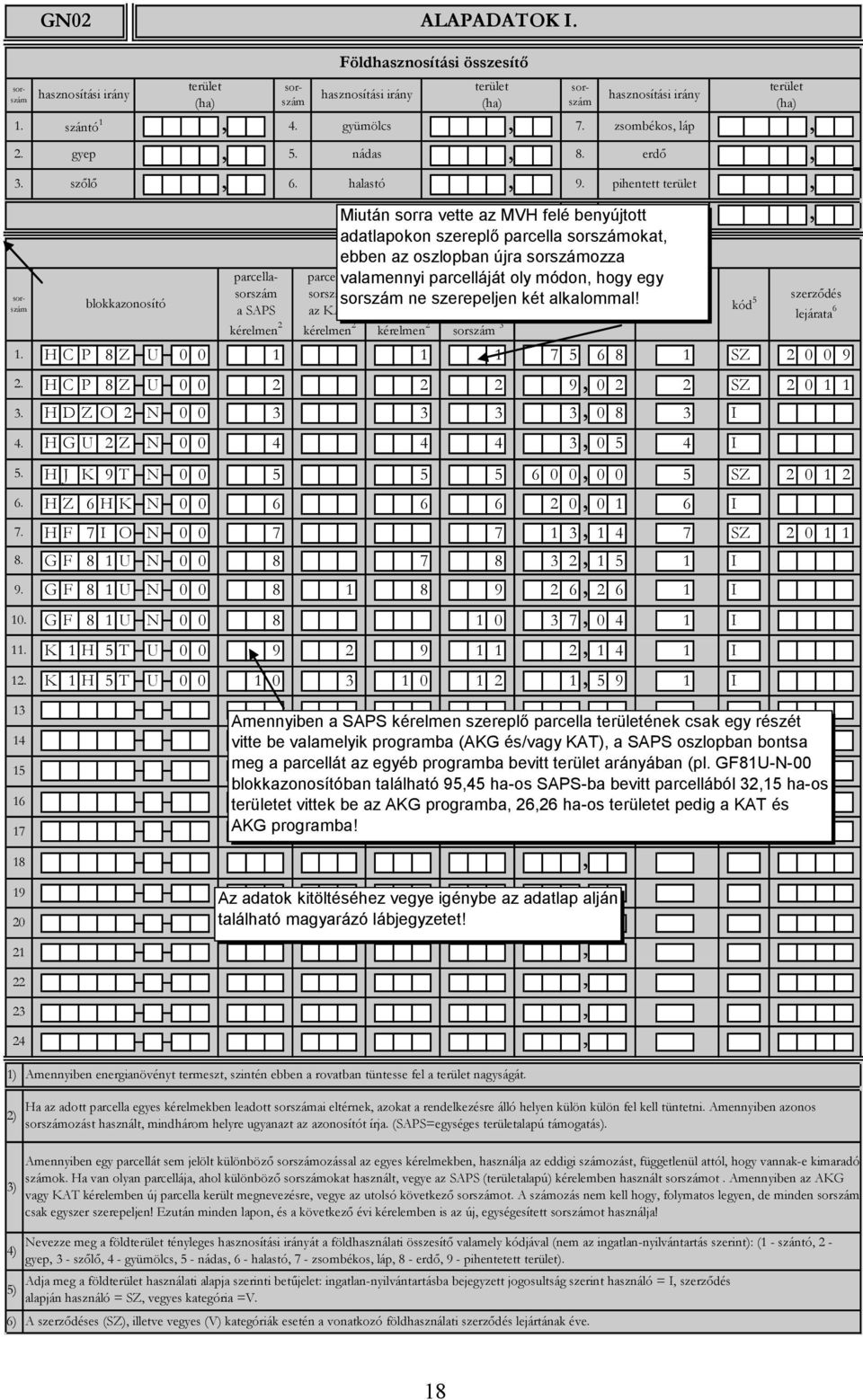 K 1 H 5 T U 0 0 1 0 3 1 0 1 2 1, 5 9 1 I 13, Amennyiben a SAPS kérelmen szereplő parcella területének csak egy részét 14 vitte be valamelyik programba (AKG és/vagy KAT),, a SAPS oszlopban bontsa 15