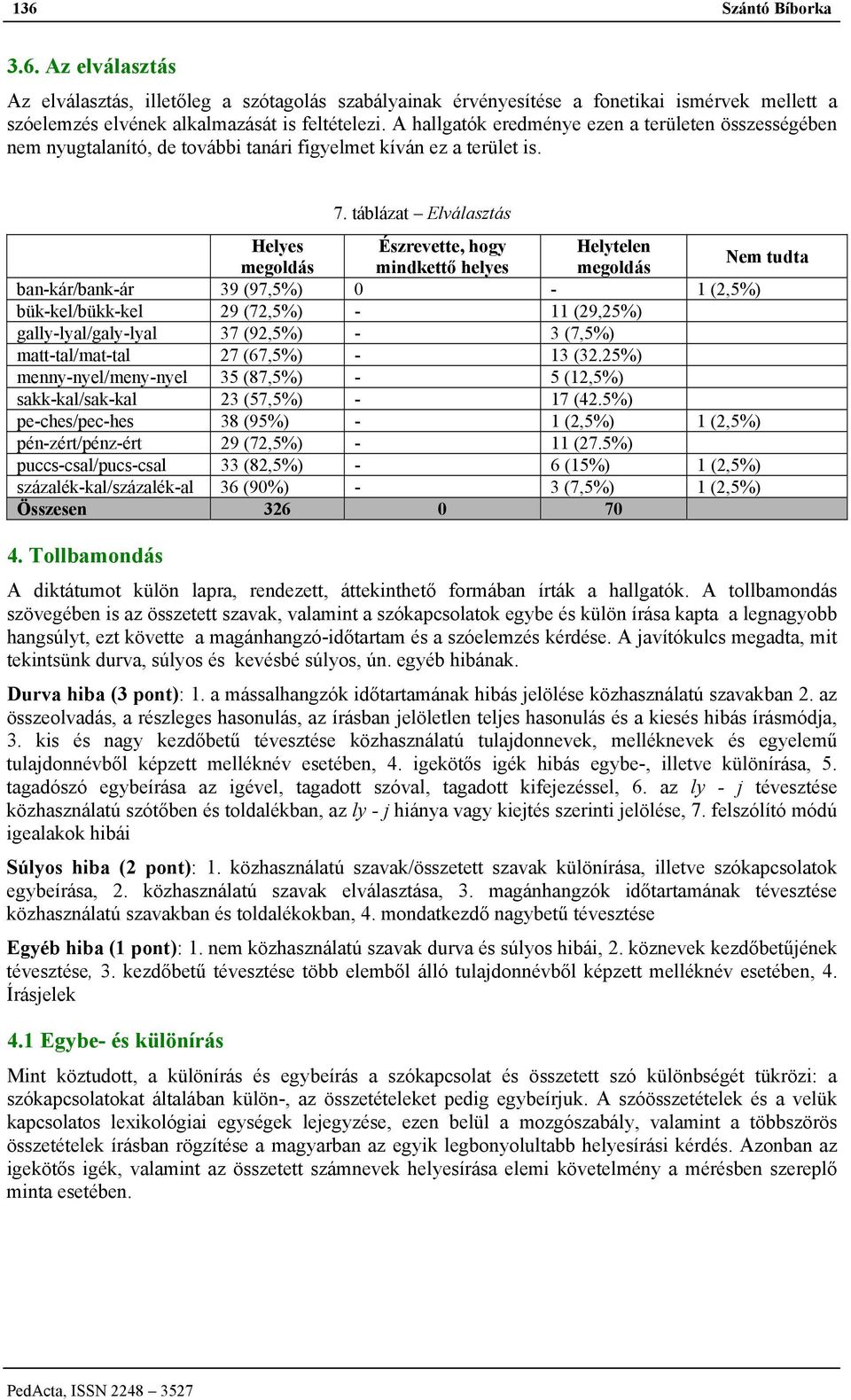 táblázat Elválasztás Helyes Észrevette, hogy Helytelen megoldás mindkettő helyes megoldás Nem tudta ban-kár/bank-ár 39 (97,5%) 0-1 (2,5%) bük-kel/bükk-kel 29 (72,5%) - 11 (29,25%)