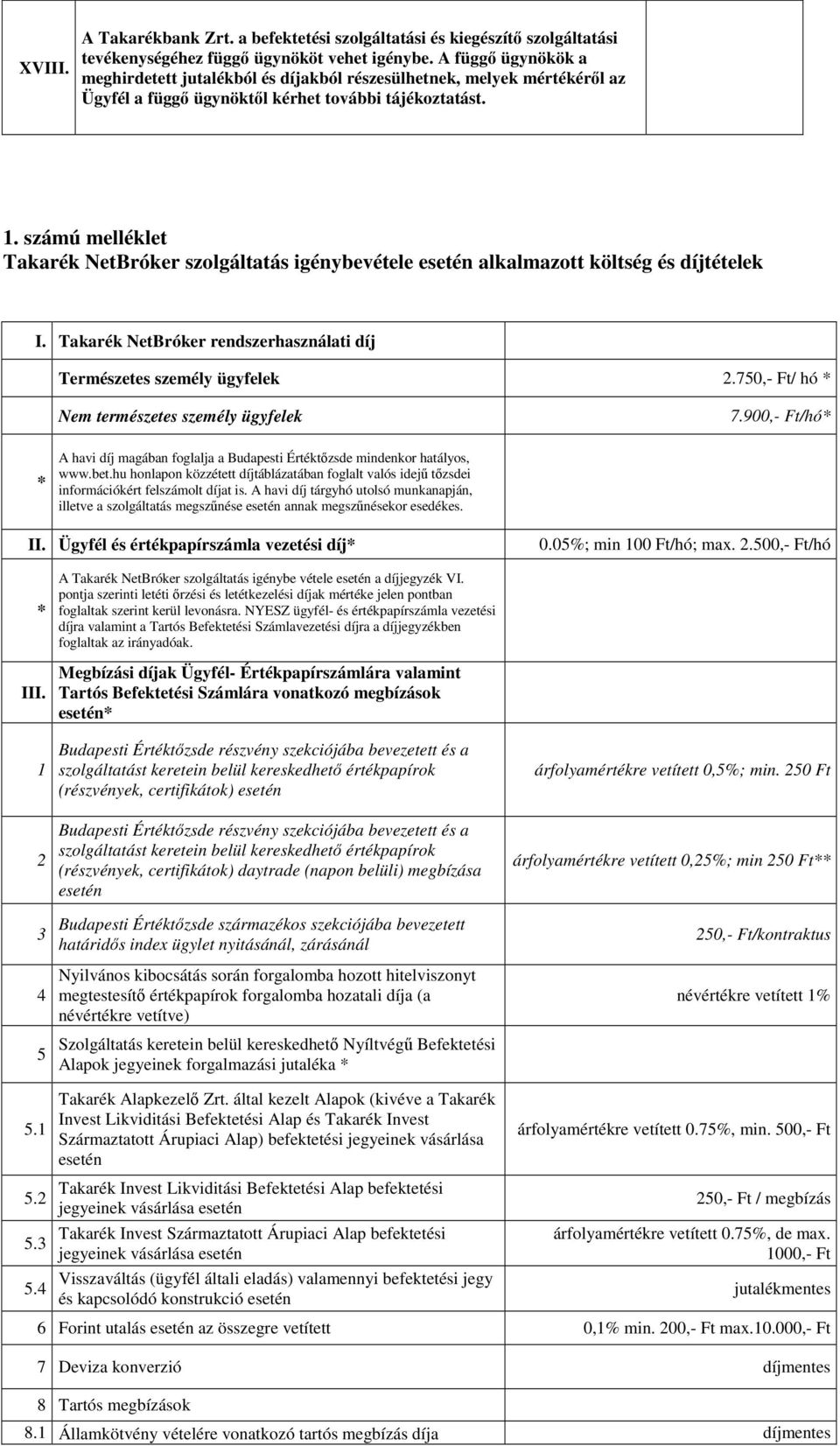 számú melléklet Takarék NetBróker szolgáltatás igénybevétele esetén alkalmazott költség és díjtételek I. Takarék NetBróker rendszerhasználati díj Természetes személy ügyfelek 2.