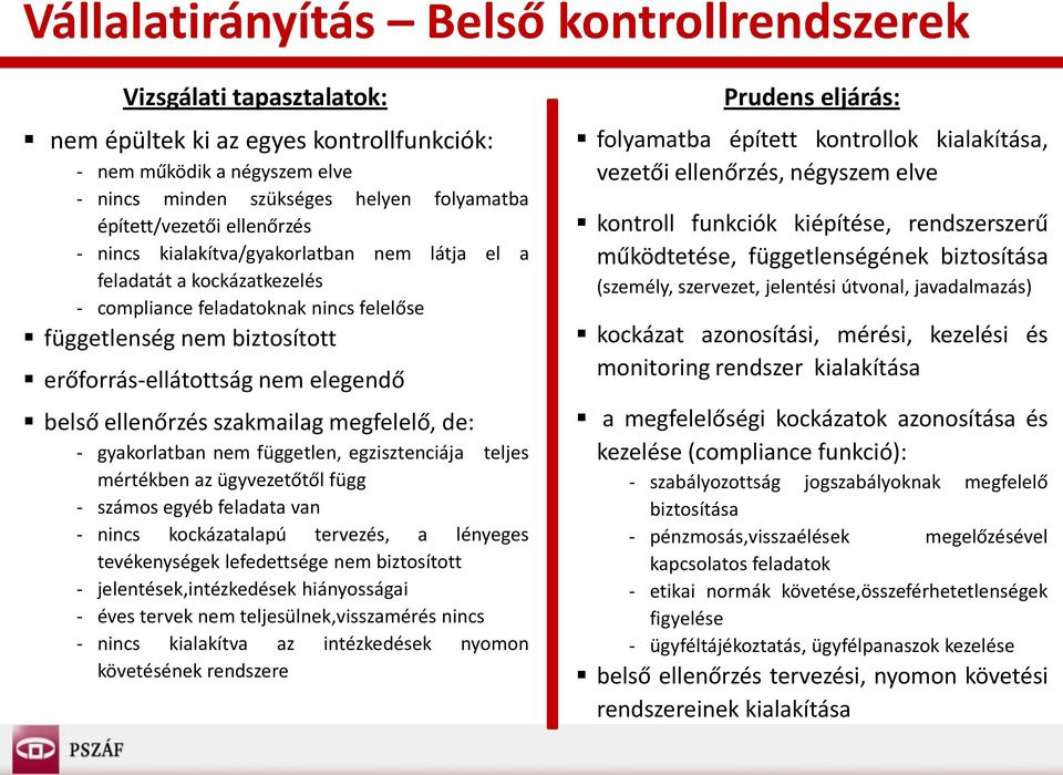 ellenőrzés szakmailag megfelelő, de: - gyakorlatban nem független, egzisztenciája teljes mértékben az ügyvezetőtől függ - számos egyéb feladata van - nincs kockázatalapú tervezés, a lényeges