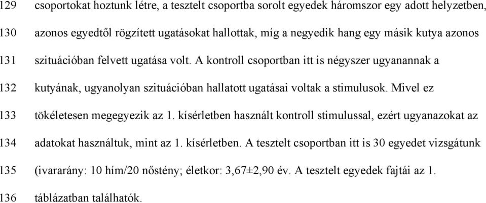 A kontroll csoportban itt is négyszer ugyanannak a kutyának, ugyanolyan szituációban hallatott ugatásai voltak a stimulusok. Mivel ez tökéletesen megegyezik az 1.