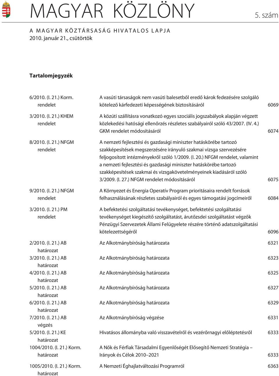 (I. 21.) AB végzés 5/2010. (I. 21.) KE határozat 1004/2010. (I. 21.) Korm.