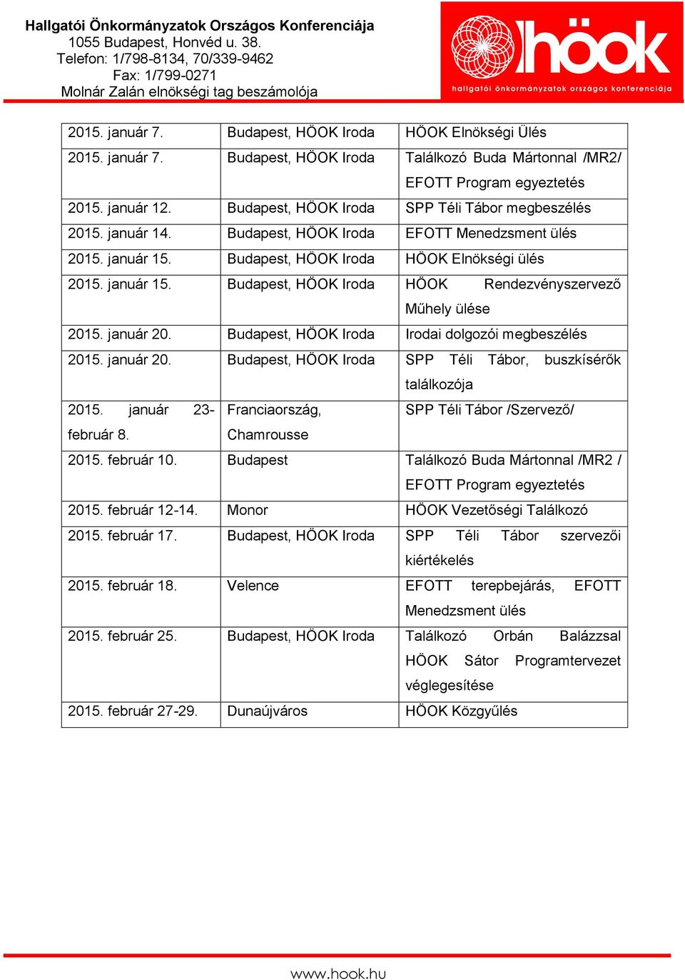 január 20. Budapest, HÖOK Iroda Irodai dolgozói megbeszélés 2015. január 20. Budapest, HÖOK Iroda SPP Téli Tábor, buszkísérők találkozója 2015.