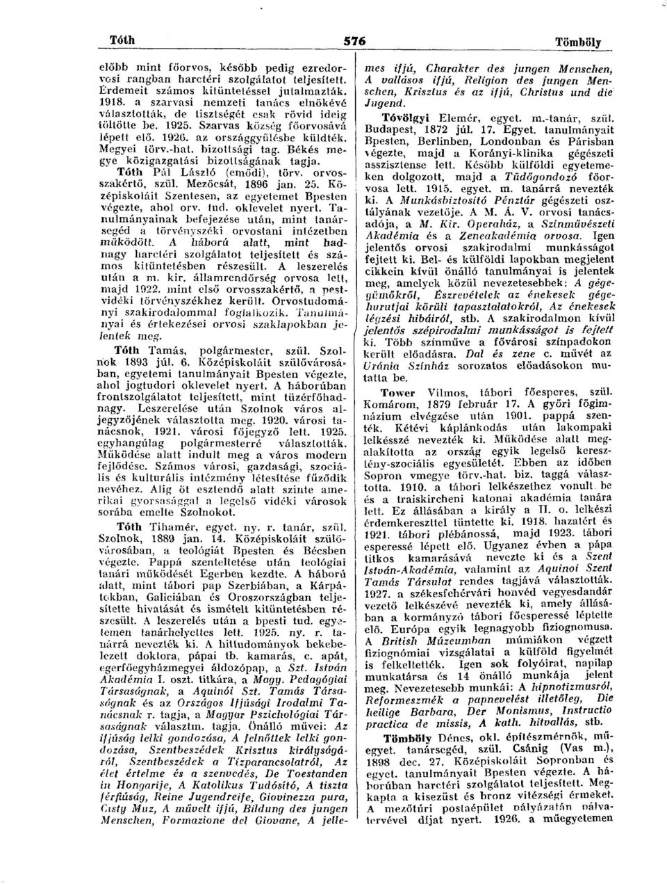 bizottsági tag. Békés megye közigazgatási bizottságának tagja. Tóth Pál László (emődi), törv. orvosszakértő, szül. Mezőcsát, 1896 jan. 25.