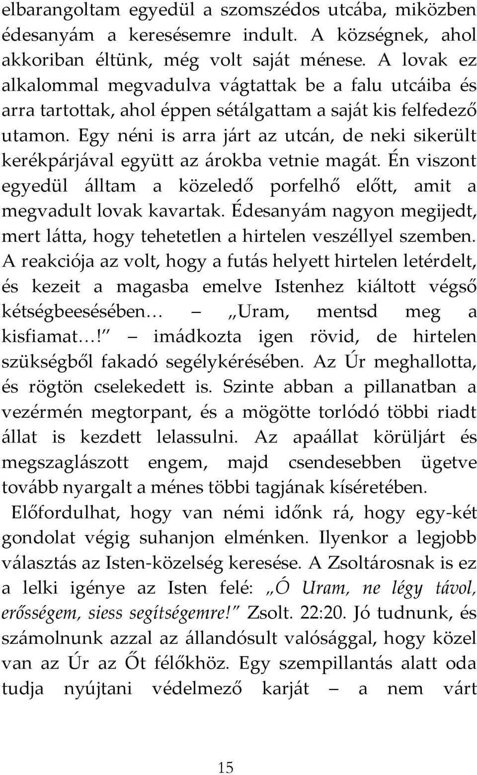 Egy néni is arra j{rt az utc{n, de neki sikerült kerékp{rj{val együtt az {rokba vetnie mag{t. Én viszont egyedül {lltam a közeledő porfelhő előtt, amit a megvadult lovak kavartak.