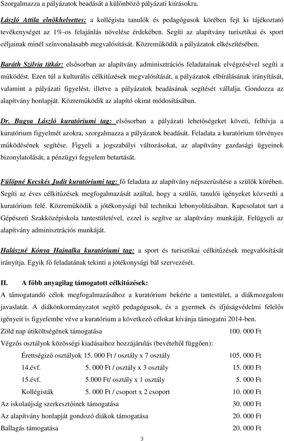 Segíti az alapítvány turisztikai és sport céljainak minél színvonalasabb megvalósítását. Közreműködik a pályázatok elkészítésében.