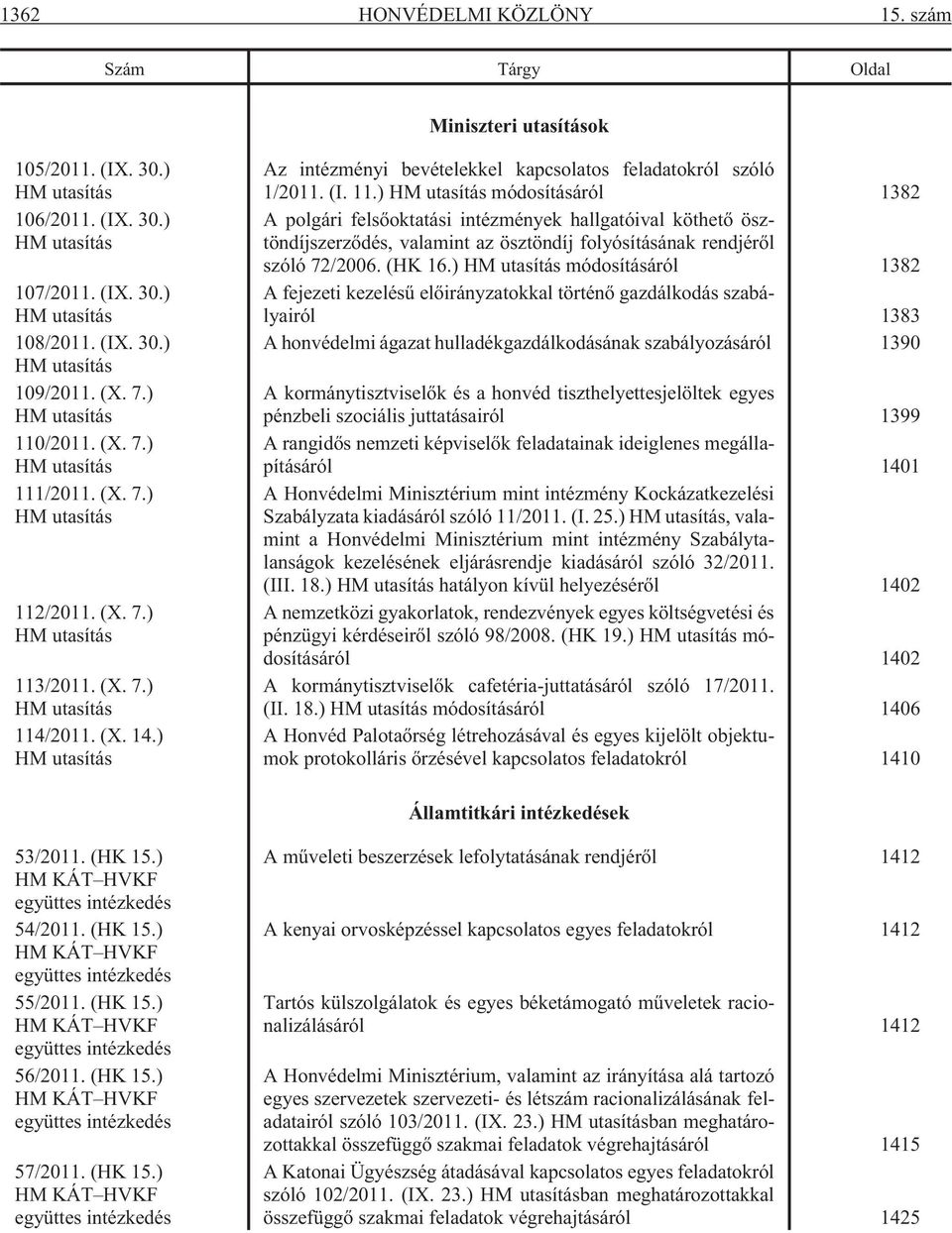 ) HM utasítás Az intézményi bevételekkel kapcsolatos feladatokról szóló 1/2011. (I. 11.