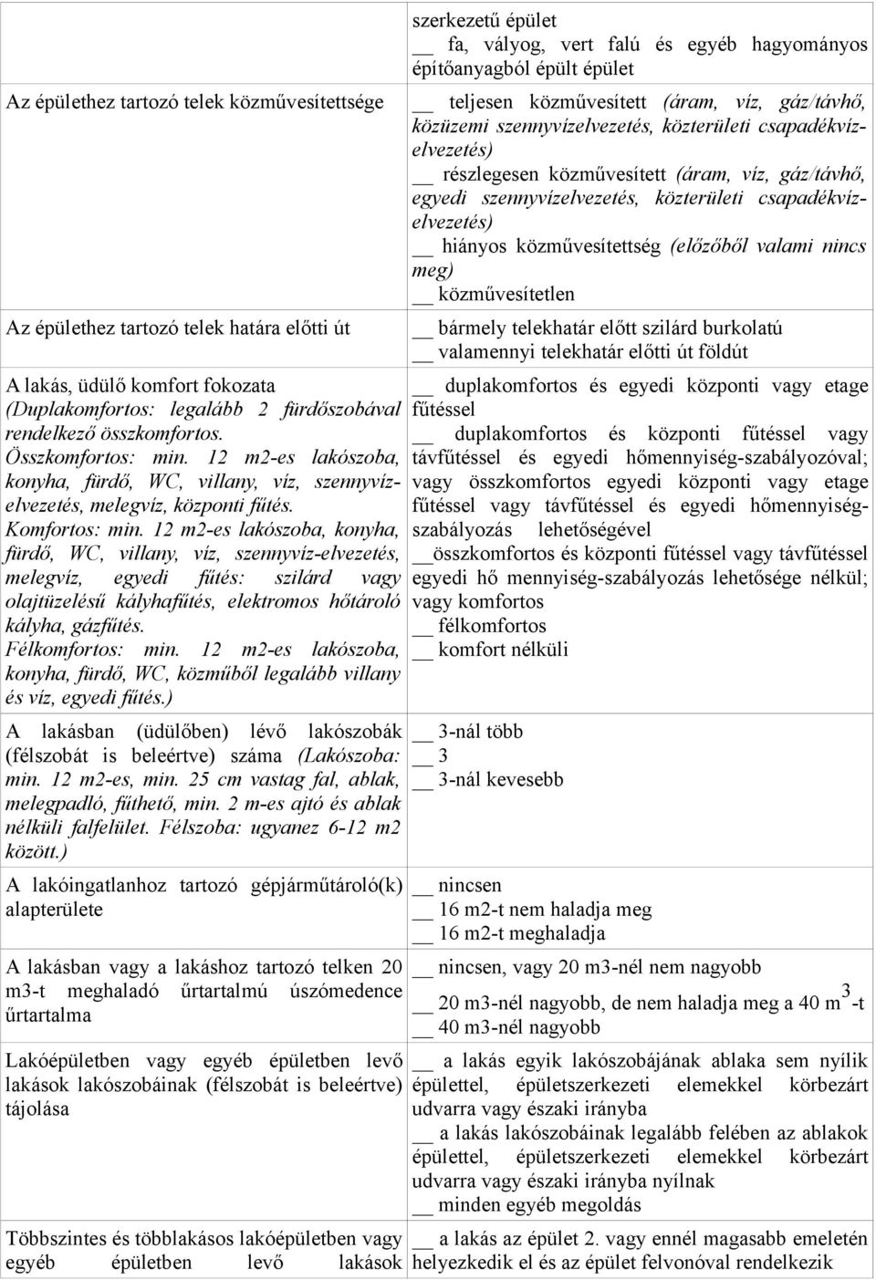 12 m2-es lakószoba, konyha, fürdő, WC, villany, víz, szennyvíz-elvezetés, melegvíz, egyedi fűtés: szilárd vagy olajtüzelésű kályhafűtés, elektromos hőtároló kályha, gázfűtés. Félkomfortos: min.