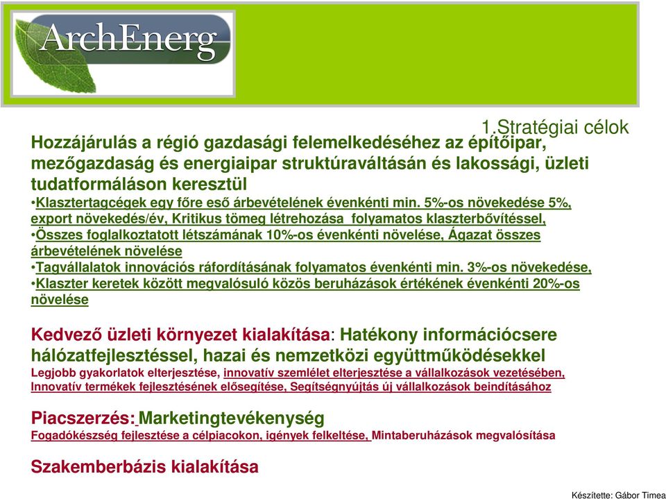 5%-os növekedése 5%, export növekedés/év, Kritikus tömeg létrehozása folyamatos klaszterbővítéssel, Összes foglalkoztatott létszámának 10%-os évenkénti növelése, Ágazat összes árbevételének növelése