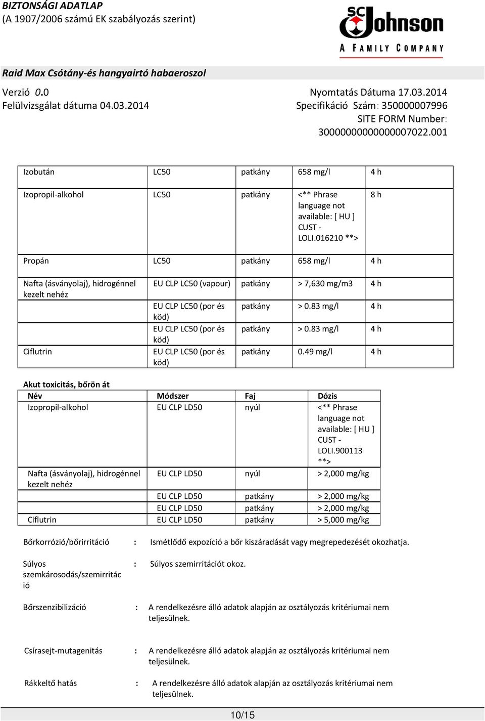 EU CLP LC50 (por és köd) patkány > 0.83 mg/l 4 h patkány > 0.83 mg/l 4 h patkány 0.