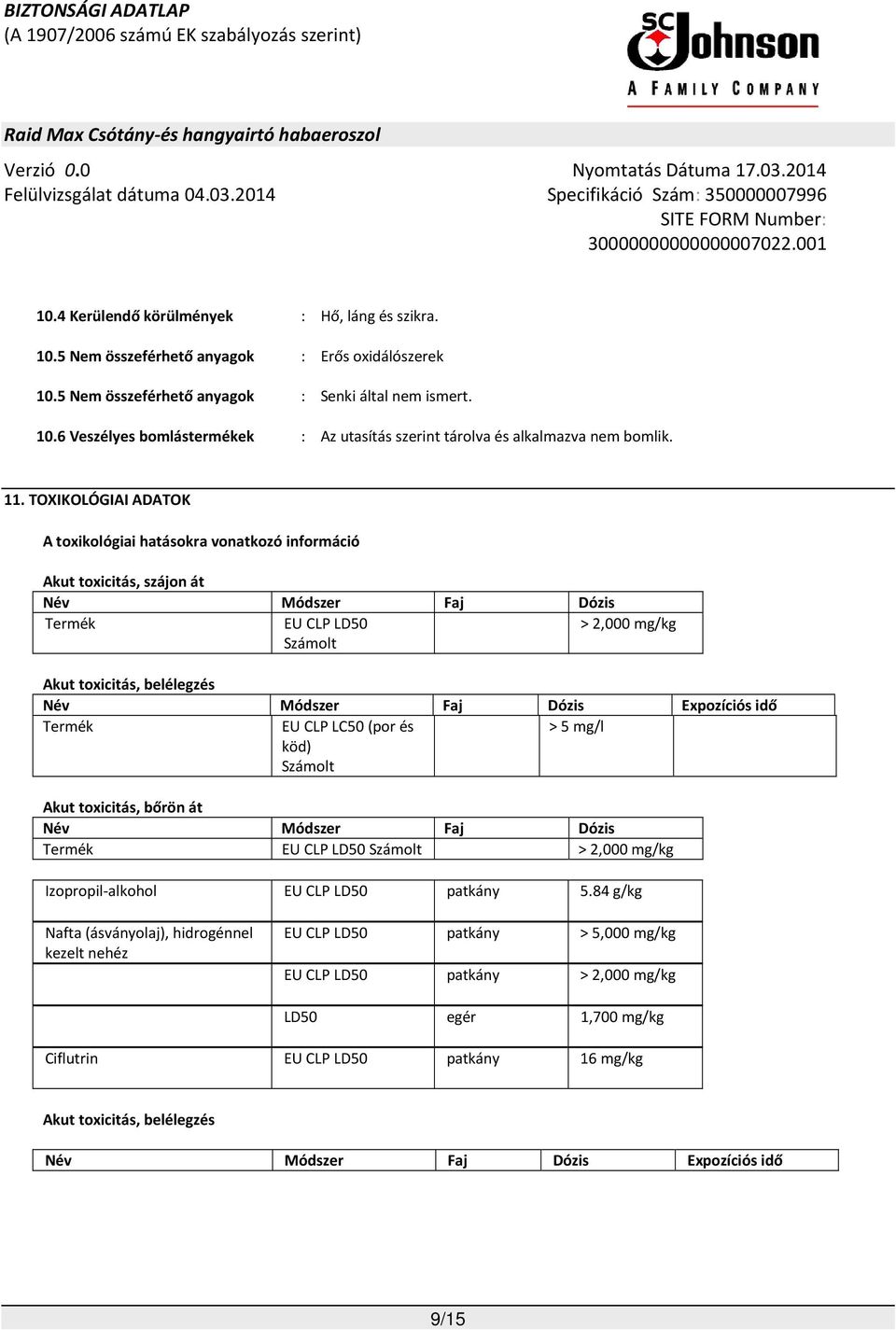 Faj Dózis Expozíciós idő Termék EU CLP LC50 (por és köd) Számolt > 5 mg/l Akut toxicitás, bőrön át Név Módszer Faj Dózis Termék EU CLP LD50 Számolt > 2,000 mg/kg Izopropil-alkohol EU CLP LD50 patkány