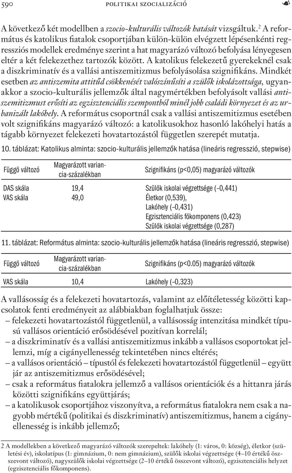 tartozók között. A katolikus felekezetű gyerekeknél csak a diszkriminatív és a vallási antiszemitizmus befolyásolása szignifikáns.