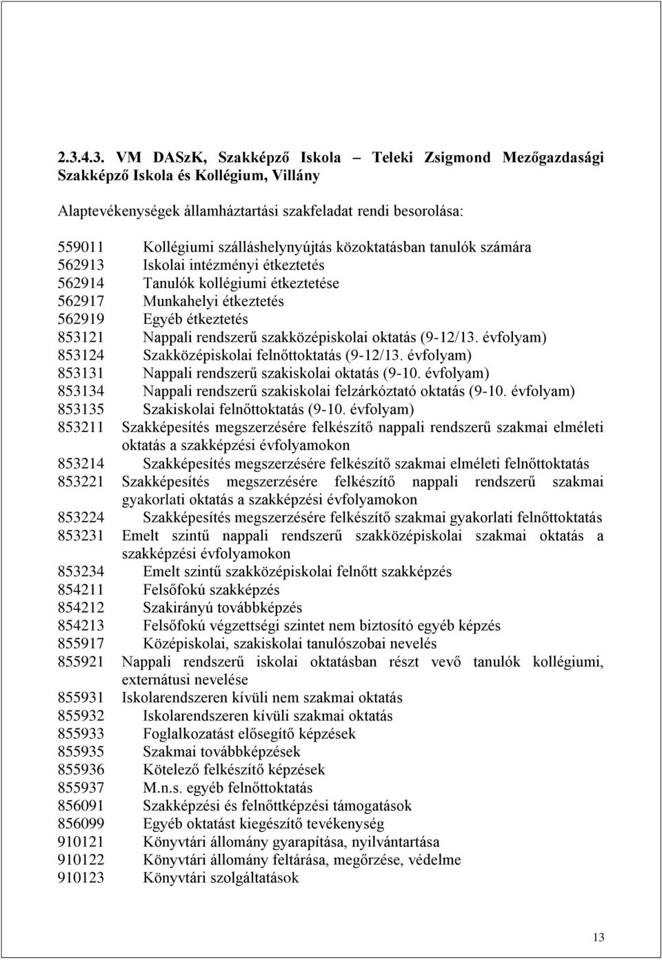 rendszerű szakközépiskolai oktatás (9-12/13. évfolyam) 853124 Szakközépiskolai felnőttoktatás (9-12/13. évfolyam) 853131 Nappali rendszerű szakiskolai oktatás (9-10.