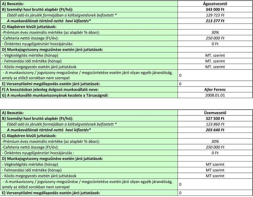 szerint E) Versenytilalmi megállapodás esetén járó juttatások: F) A beosztásban jelenleg dolgozó munkavállaló neve: Ajler Ferenc G) A munkaválló munkaviszonyának kezdete