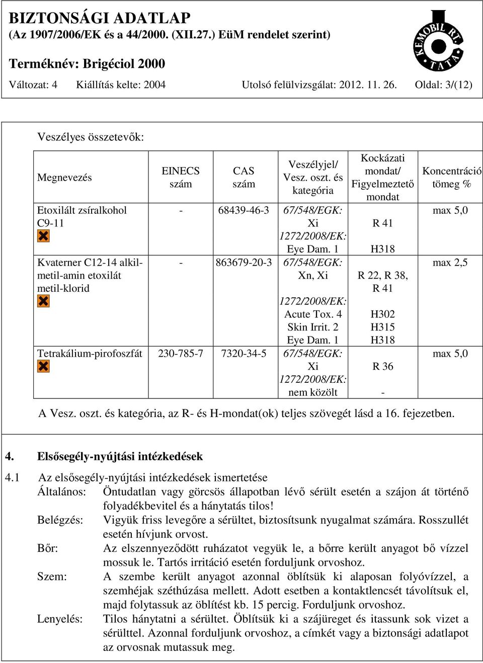 és kategória Kockázati mondat/ Figyelmeztető mondat - 68439-46-3 67/548/EGK: Xi R 41 1272/2008/EK: Eye Dam. 1 H318-863679-20-3 67/548/EGK: Xn, Xi R 22, R 38, R 41 1272/2008/EK: Acute Tox.